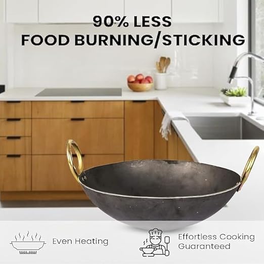 VOMI Heavy Base Iron Kadhai Kadai with Handle for Kitchen Deep Frying Kadai Free Stainless Steel Scrubber 10 Litter - Image 2