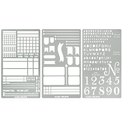 Aleks Melnyk No486 Metal Stencils for Bullet Journaling Bookmark Planning Lines Planner Habit Tracker Dot Journals Stencil for Diary Templates Tiny Letters Small Number