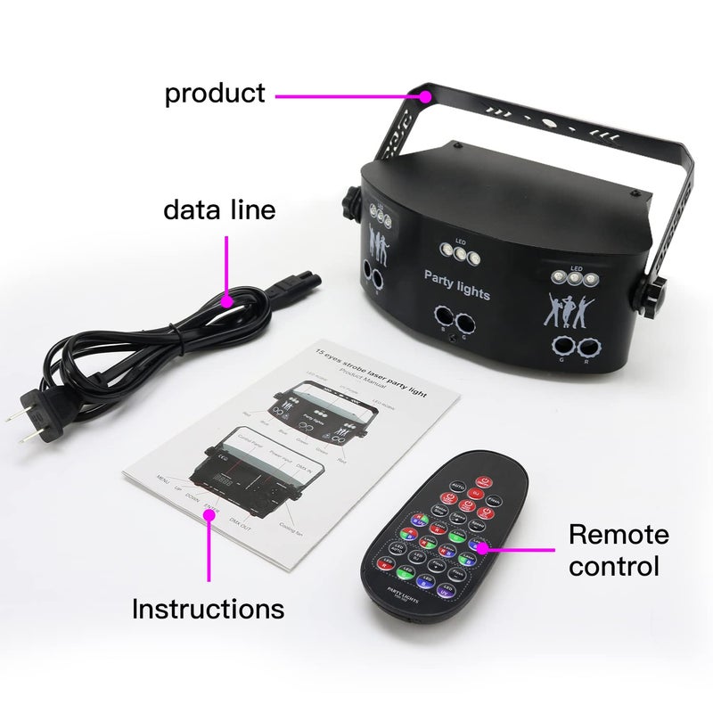Amki أضواء ديسكو دي جي، 15 عينًا أضواء حفلات RGB، أضواء مسرحية تتحكم بها DMX512، أضواء ستروب LED تعمل بالصوت للحفلات، عرض ليزر حي - ألمنيوم، كهربائي سلكي، أخضر - Image 5