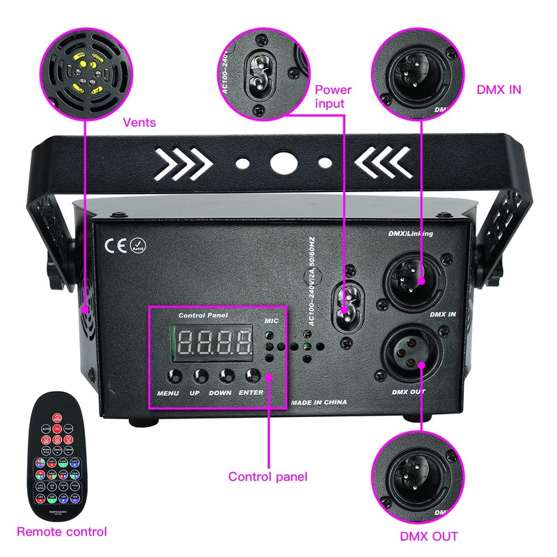 Amki أضواء ديسكو دي جي، 15 عينًا أضواء حفلات RGB، أضواء مسرحية تتحكم بها DMX512، أضواء ستروب LED تعمل بالصوت للحفلات، عرض ليزر حي - ألمنيوم، كهربائي سلكي، أخضر - Image 4