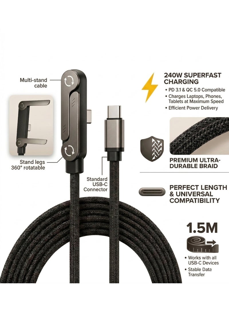 240W Fast Charging USB-C to USB-C Cable with Built-in Stand, 90° Angled Braided Charger Cord for Gaming, Streaming & Laptop Charging, Durable Type-C Cable for iPhone, Samsung, MacBook and all android phones - Image 1