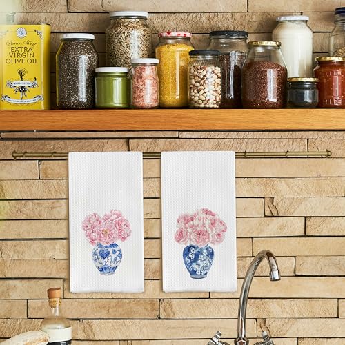 Qpenm Chinoiserie Blue and White Porcelain Kitchen Towels Set of 2, Chinoiserie Decor Dish Towels for Kitchen, Pink Floral Chinoiserie Decorative Hand Towels for Bathroom Kitchen, 16x24 Inches - Image 2