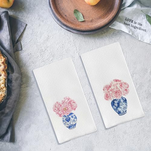 Qpenm Chinoiserie Blue and White Porcelain Kitchen Towels Set of 2, Chinoiserie Decor Dish Towels for Kitchen, Pink Floral Chinoiserie Decorative Hand Towels for Bathroom Kitchen, 16x24 Inches - Image 4