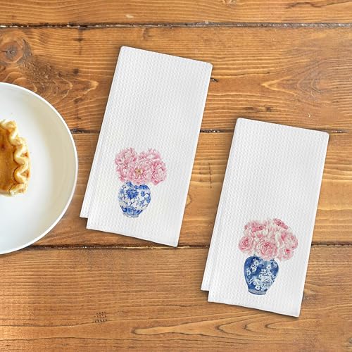 Qpenm Chinoiserie Blue and White Porcelain Kitchen Towels Set of 2, Chinoiserie Decor Dish Towels for Kitchen, Pink Floral Chinoiserie Decorative Hand Towels for Bathroom Kitchen, 16x24 Inches - Image 3
