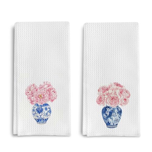 Qpenm Chinoiserie Blue and White Porcelain Kitchen Towels Set of 2, Chinoiserie Decor Dish Towels for Kitchen, Pink Floral Chinoiserie Decorative Hand Towels for Bathroom Kitchen, 16x24 Inches - Image 1