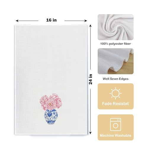 Qpenm Chinoiserie Blue and White Porcelain Kitchen Towels Set of 2, Chinoiserie Decor Dish Towels for Kitchen, Pink Floral Chinoiserie Decorative Hand Towels for Bathroom Kitchen, 16x24 Inches - Image 5