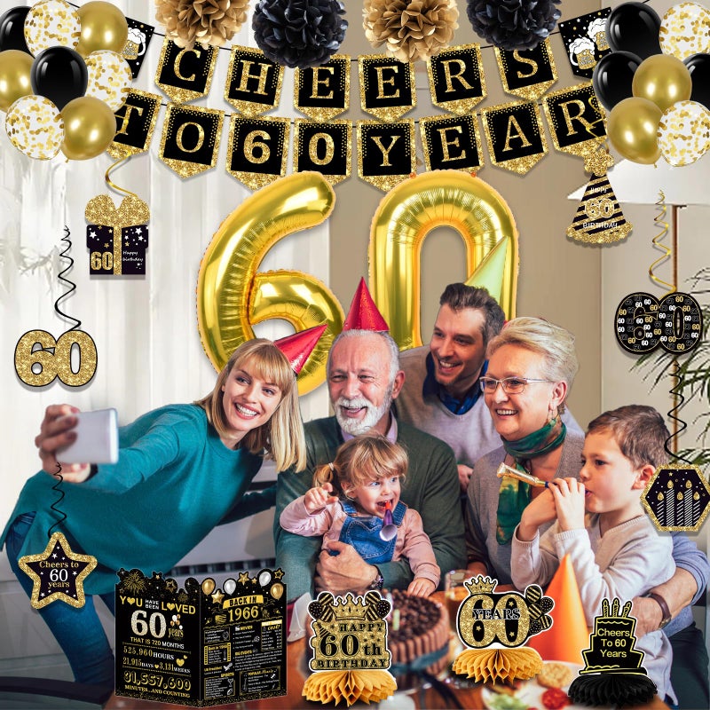 Juesly 60th Birthday Decorations for Men Women,18PCS 1966 Banner Decorations,Including, 3 Honeycomb Topper,60 Balloons,Cheers to 60 Years Banner,6 Hanging Swirl,4 Paper Poms,Anniversary Card,Sash - Image 5