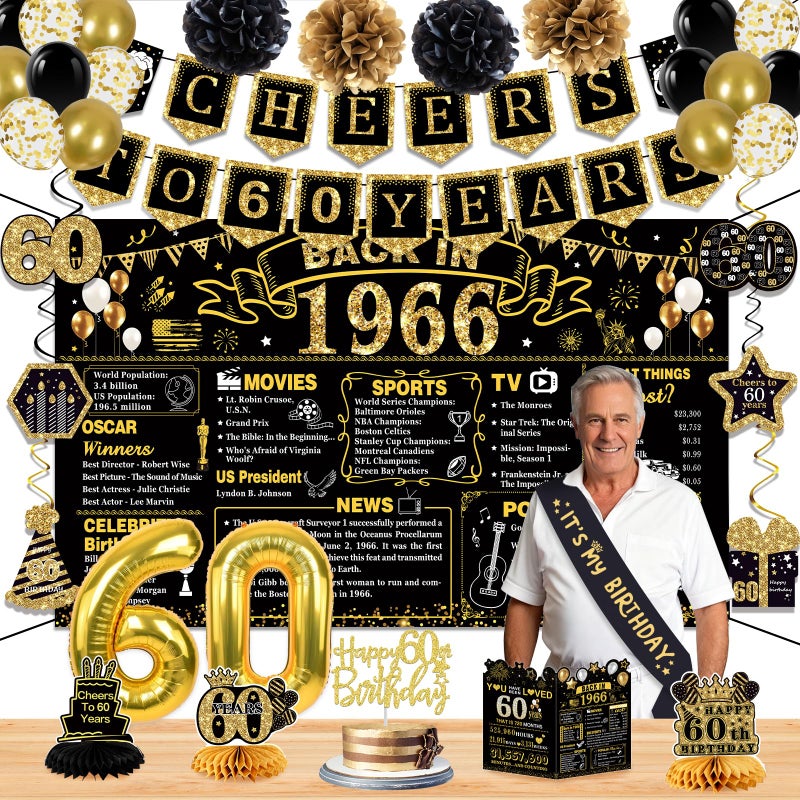 Juesly 60th Birthday Decorations for Men Women,18PCS 1966 Banner Decorations,Including, 3 Honeycomb Topper,60 Balloons,Cheers to 60 Years Banner,6 Hanging Swirl,4 Paper Poms,Anniversary Card,Sash - Image 1