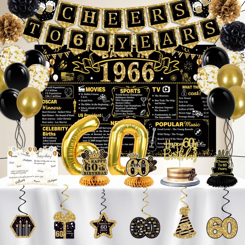 Juesly 60th Birthday Decorations for Men Women,18PCS 1966 Banner Decorations,Including, 3 Honeycomb Topper,60 Balloons,Cheers to 60 Years Banner,6 Hanging Swirl,4 Paper Poms,Anniversary Card,Sash - Image 2