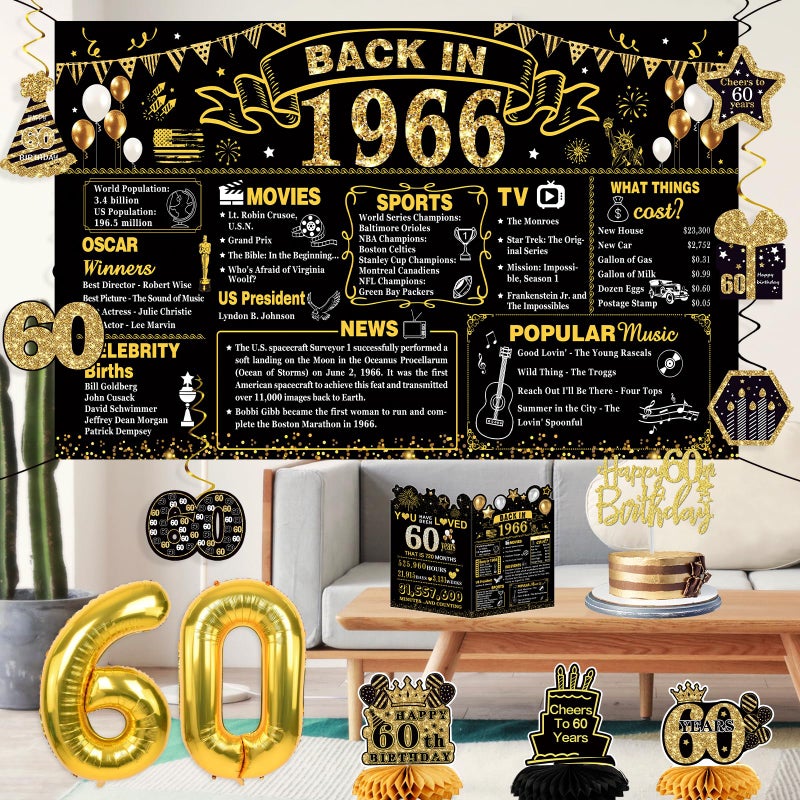 Juesly 60th Birthday Decorations for Men Women,18PCS 1966 Banner Decorations,Including, 3 Honeycomb Topper,60 Balloons,Cheers to 60 Years Banner,6 Hanging Swirl,4 Paper Poms,Anniversary Card,Sash - Image 3