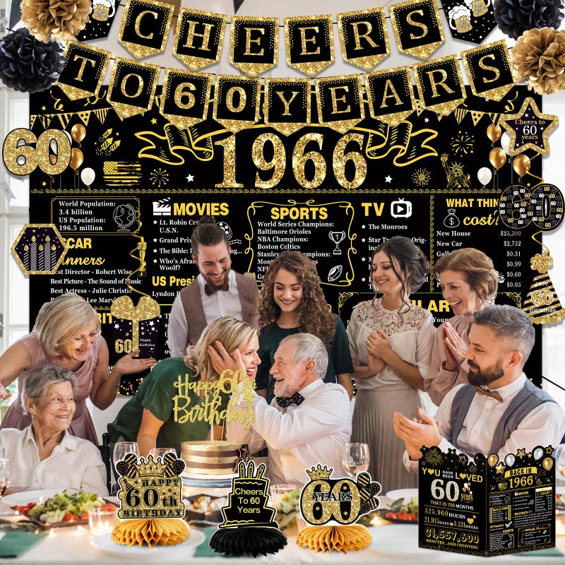 Juesly 60th Birthday Decorations for Men Women,18PCS 1966 Banner Decorations,Including, 3 Honeycomb Topper,60 Balloons,Cheers to 60 Years Banner,6 Hanging Swirl,4 Paper Poms,Anniversary Card,Sash - Image 4