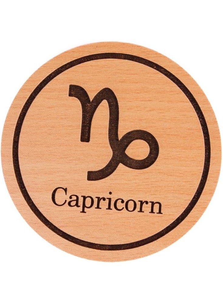 MATEX Wooden Coaster Laser-Engraved and Melamine-Coated with A Capricorn Logo, Diameter 9 cm