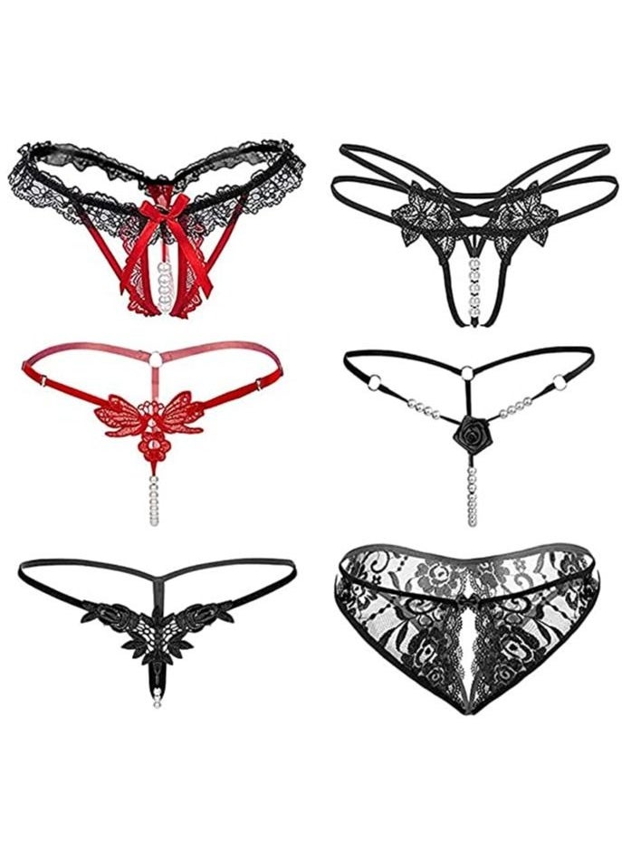 Generic - Women Lace G-String Panties, Women's Thong String,Lace Panties Thong Knickers Comfortable G-String Underwear with Pearls (6 Patterns) - Image 1