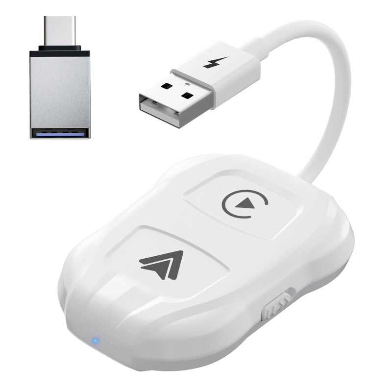 2-In-1 Wireless Car Adapter White: Plug And Play Quick Auto Connect, Wide Compatibility For iOS 12+ Android 11+ - Portable Compact Design, Car Adapter For Factory Wired Car System Equipped Vehicles - Image 1