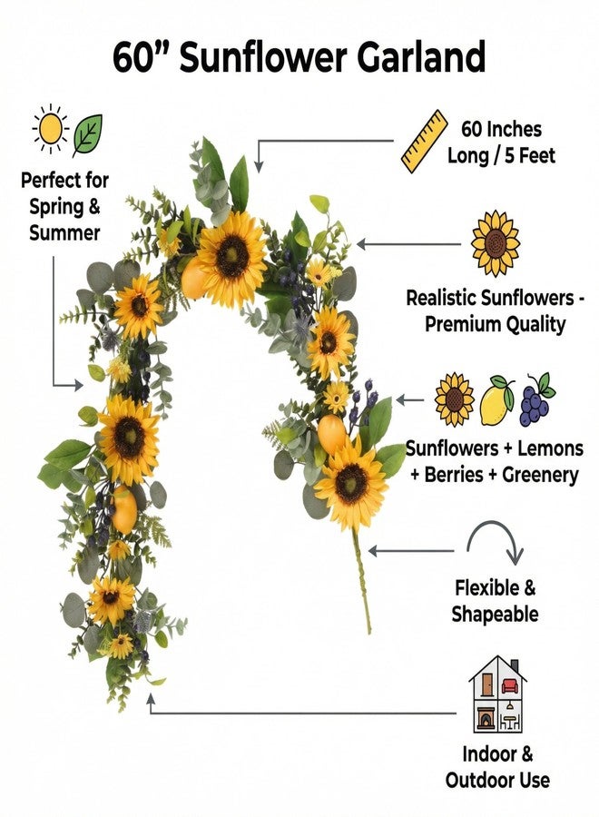 Quixem 60 Inch Sunflower Garland and Lemon Garland for Fireplace Decor, UV Resistant Summer Greenery, Waterproof Artificial Garland for Farmhouse Fall Garland Transition - Image 4