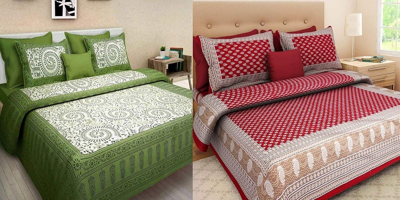 BedZone 100 Jaipuri Cotton Combo Set of 2 Double Bedsheet with 4 Pillow Covers Multi - Image 1