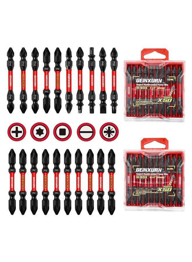 Geinxurn 20Pcs Impact Double End Screwdriver Bit Set, 2.56 in. Mixed Reversible Power Driver Bits, Magnetic S2 Steel Two Sides PH2/T20/T25/SQ2/SL1/4 Screwdriver Bit Tips Set with Storage M-Box - Image 1