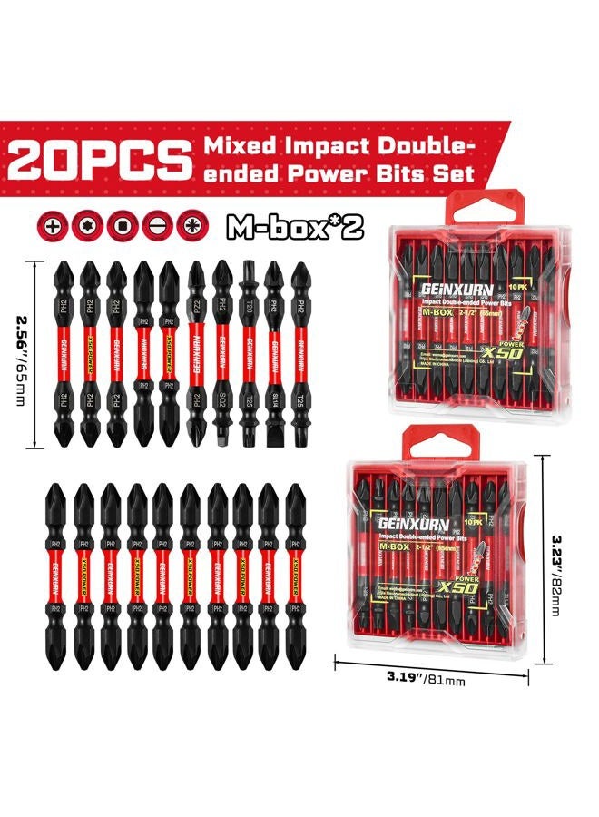 Geinxurn 20Pcs Impact Double End Screwdriver Bit Set, 2.56 in. Mixed Reversible Power Driver Bits, Magnetic S2 Steel Two Sides PH2/T20/T25/SQ2/SL1/4 Screwdriver Bit Tips Set with Storage M-Box - Image 2