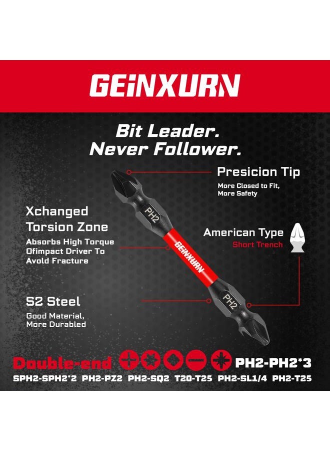 Geinxurn 20Pcs Impact Double End Screwdriver Bit Set, 2.56 in. Mixed Reversible Power Driver Bits, Magnetic S2 Steel Two Sides PH2/T20/T25/SQ2/SL1/4 Screwdriver Bit Tips Set with Storage M-Box - Image 3