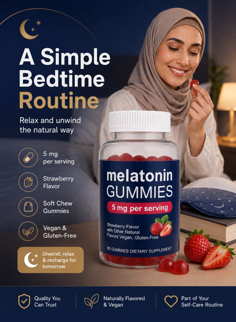 Sleep Melatonin, Sleep Support Gummies, Strawberry Flavor, 5mg, 60 Count - Image 2