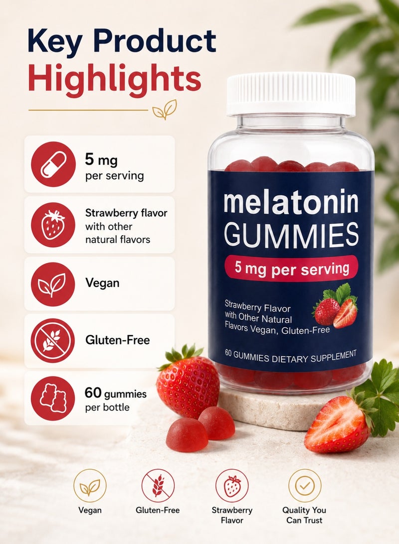 Sleep Melatonin, Sleep Support Gummies, Strawberry Flavor, 5mg, 60 Count - Image 3