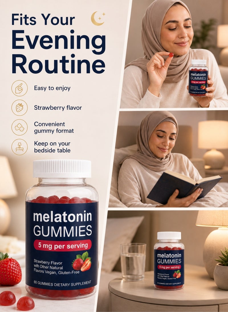 Sleep Melatonin, Sleep Support Gummies, Strawberry Flavor, 5mg, 60 Count - Image 5
