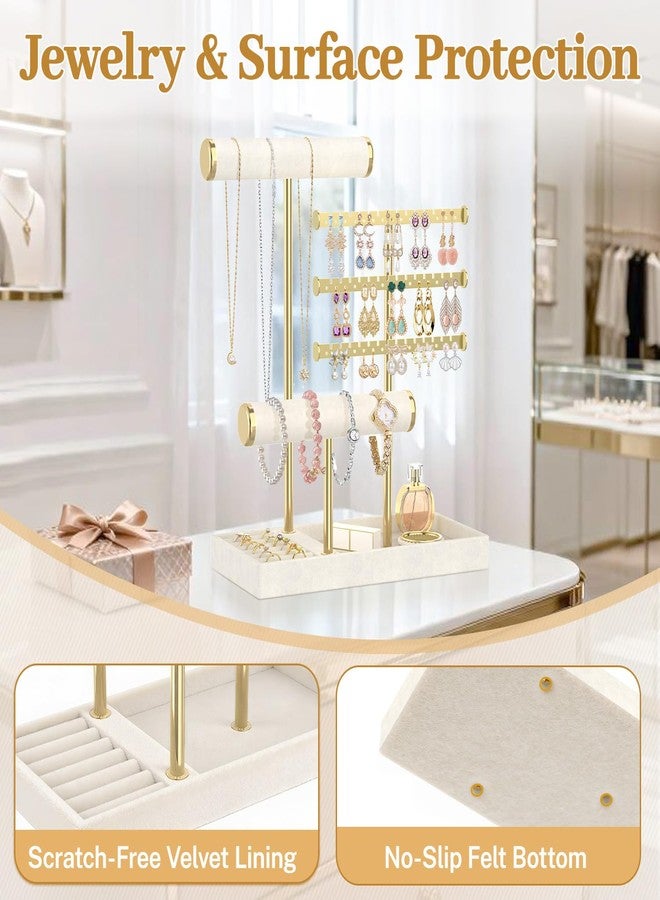 MODOWEY Necklace Holder Earring Stand Organizer, Wooden Velvet Bracelet Tree Rack with Ring Tray for Vendor Women Display Selling, Countertop T Bar Jewelry Tower Keep Everything Visible & Within Reach - Image 5