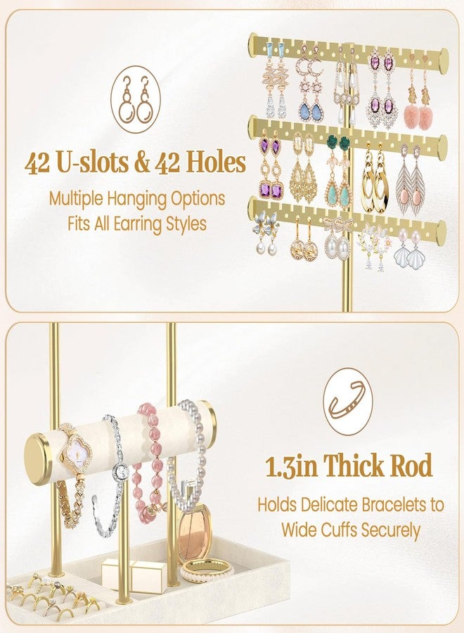 MODOWEY Necklace Holder Earring Stand Organizer, Wooden Velvet Bracelet Tree Rack with Ring Tray for Vendor Women Display Selling, Countertop T Bar Jewelry Tower Keep Everything Visible & Within Reach - Image 4