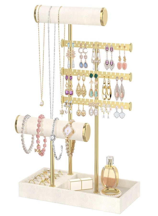 MODOWEY Necklace Holder Earring Stand Organizer, Wooden Velvet Bracelet Tree Rack with Ring Tray for Vendor Women Display Selling, Countertop T Bar Jewelry Tower Keep Everything Visible & Within Reach - Image 1