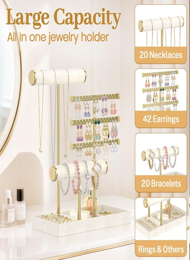MODOWEY Necklace Holder Earring Stand Organizer, Wooden Velvet Bracelet Tree Rack with Ring Tray for Vendor Women Display Selling, Countertop T Bar Jewelry Tower Keep Everything Visible & Within Reach - Image 2