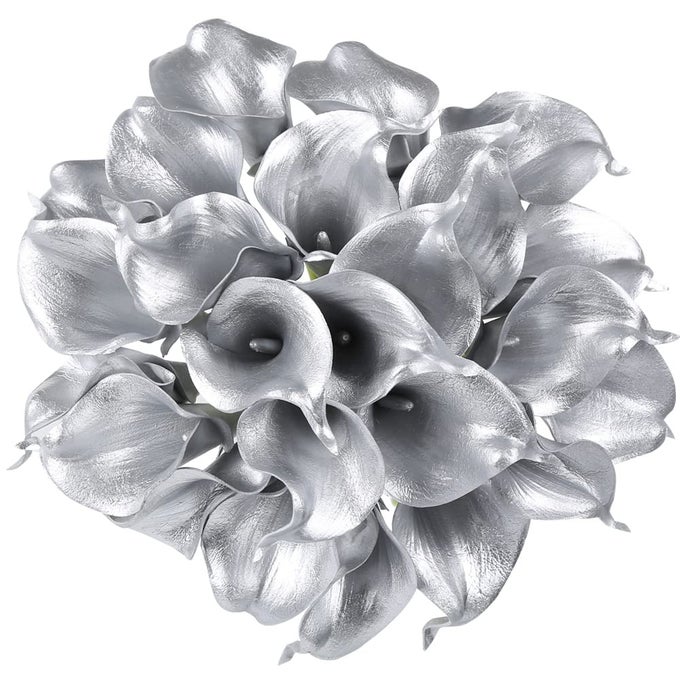 Silver Calla Lily Artificial Flowers 24pcs for DIY Wedding Bouquets Centerpieces Bridal Shower Party Home Flower Arrangement Decorations