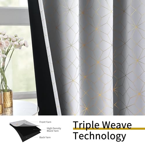Beauoop 100% Blackout Curtains 84 Inches Long for Bedroom Living Room Moroccan Gold Patterned Drapes Thermal Insulated Grommet Top Window Treatment Panels Set of 2, Grey/Gold - Image 2