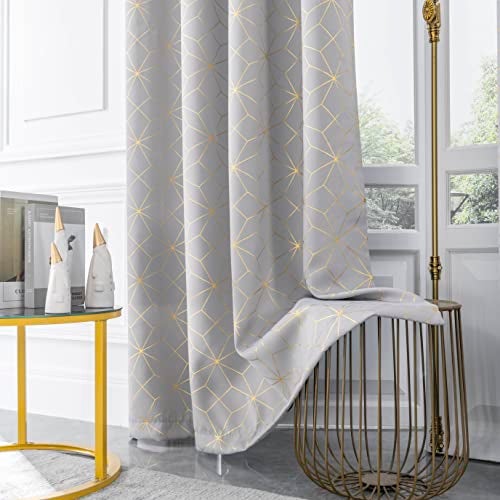 Beauoop 100% Blackout Curtains 84 Inches Long for Bedroom Living Room Moroccan Gold Patterned Drapes Thermal Insulated Grommet Top Window Treatment Panels Set of 2, Grey/Gold - Image 3