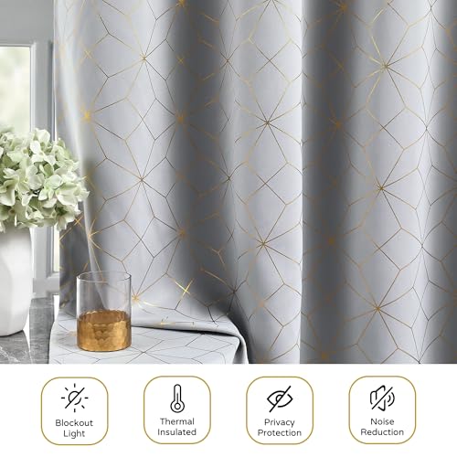 Beauoop 100% Blackout Curtains 84 Inches Long for Bedroom Living Room Moroccan Gold Patterned Drapes Thermal Insulated Grommet Top Window Treatment Panels Set of 2, Grey/Gold - Image 4