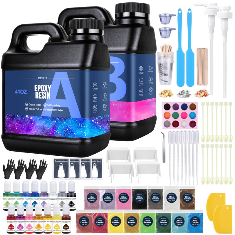 KISREL Epoxy Resin 82oz - Clear Epoxy Resin Kit with 15 Pigments and 15 Colors of Mica Powders - No Yellowing No Bubble Casting Resina for Art Crafts, Jewelry Making, Wood & Resina Molds(41oz x 2) - Image 1