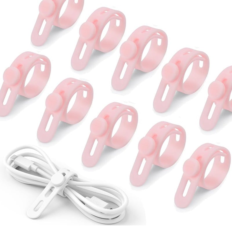 جيه زد اس مجموعة من 10 أربطة كابلات من السيليكون، منظم أسلاك، قابل لإعادة الاستخدام وقابل للغسل، إدارة أربطة الأسلاك مع مشبك قفل، حزام كابل شاحن مرن قابل للتعديل (وردي) - Image 1