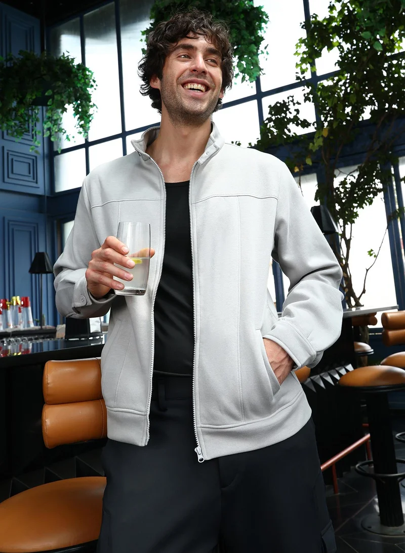 Men Panel-Stitch Knit Jacket | Band Collar, Long Button-Cuff Sleeves | Zipper , Ribbed-Straight Hem | Solid Plain | Knitted Fabric For Casual & Daily Wear | Cloud Grey