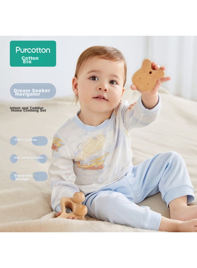 purcotton Purcotton Baby And Toddler Home Wear Set, Pure Cotton Comfortable Breathable Long-sleeve Round Neck Undershirt, Navigator Dream Ship, Size 100  - Image 1