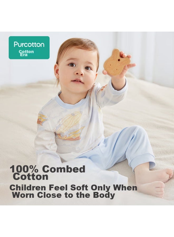 purcotton Purcotton Baby And Toddler Home Wear Set, Pure Cotton Comfortable Breathable Long-sleeve Round Neck Undershirt, Navigator Dream Ship, Size 100  - Image 3
