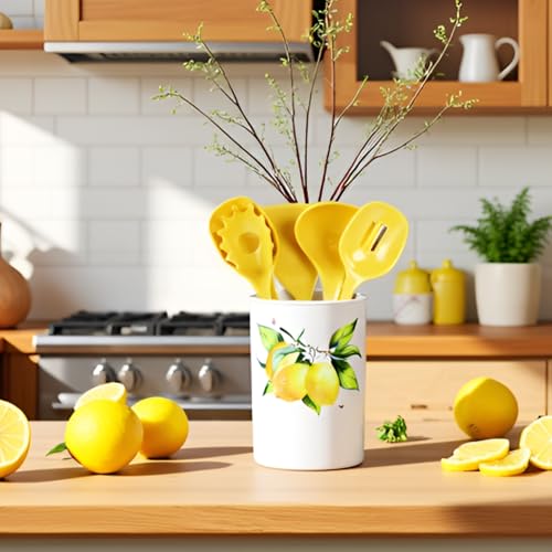 Reston Lloyd 6 Piece Kitchen Utensil Holder for kitchen counter, Utensils crock with Heat Resistant Spoon, Slotted Spoon, Ladle, Spatula BPA Free, Fresh Lemons - Image 5