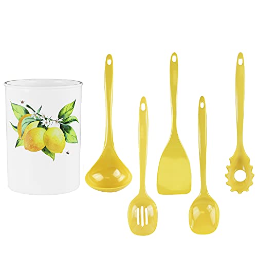 Reston Lloyd 6 Piece Kitchen Utensil Holder for kitchen counter, Utensils crock with Heat Resistant Spoon, Slotted Spoon, Ladle, Spatula BPA Free, Fresh Lemons - Image 2