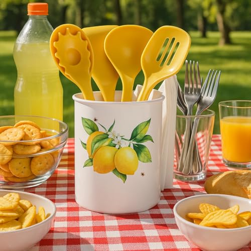 Reston Lloyd 6 Piece Kitchen Utensil Holder for kitchen counter, Utensils crock with Heat Resistant Spoon, Slotted Spoon, Ladle, Spatula BPA Free, Fresh Lemons - Image 4