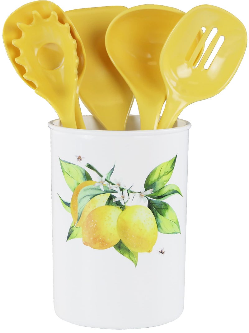 Reston Lloyd 6 Piece Kitchen Utensil Holder for kitchen counter, Utensils crock with Heat Resistant Spoon, Slotted Spoon, Ladle, Spatula BPA Free, Fresh Lemons - Image 1