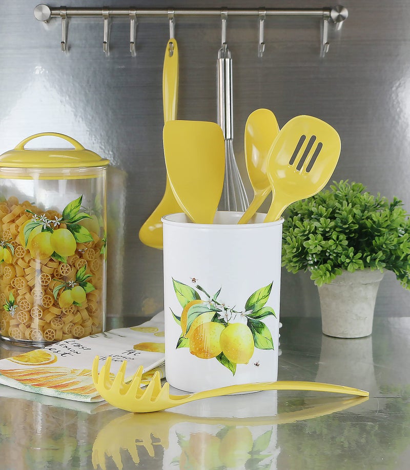 Reston Lloyd 6 Piece Kitchen Utensil Holder for kitchen counter, Utensils crock with Heat Resistant Spoon, Slotted Spoon, Ladle, Spatula BPA Free, Fresh Lemons - Image 3