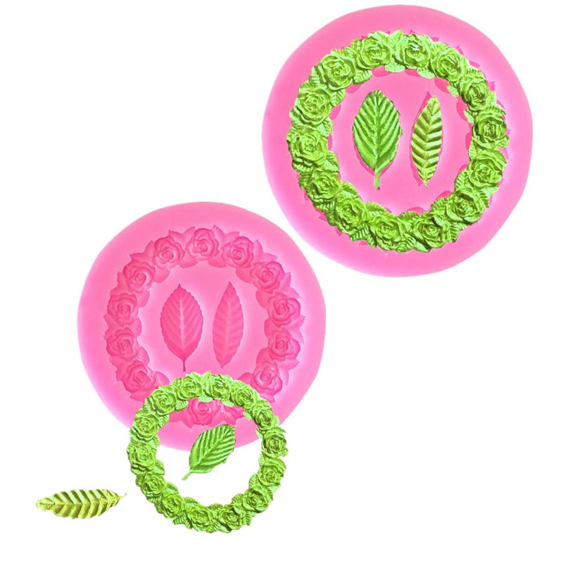 NINEXY 2Pcs Round Rose Wreath Leaves Fondant Chocolate Candy Silicone Mold Cake Decorating Baking Pastry Tools Soap Resin Polymer Clay Mould - Image 1