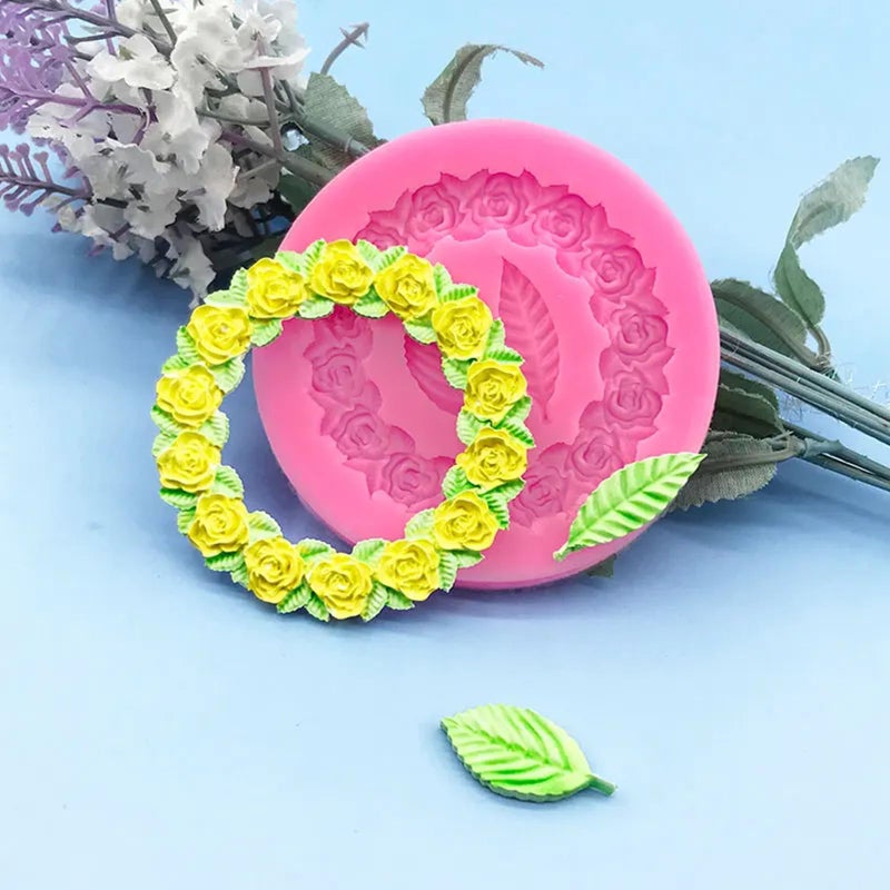 NINEXY 2Pcs Round Rose Wreath Leaves Fondant Chocolate Candy Silicone Mold Cake Decorating Baking Pastry Tools Soap Resin Polymer Clay Mould - Image 3