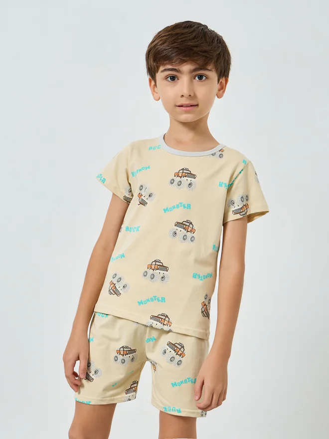 Styli Styli Boys Beige Monster Truck Print T-Shirt and Shorts Pyjama Set