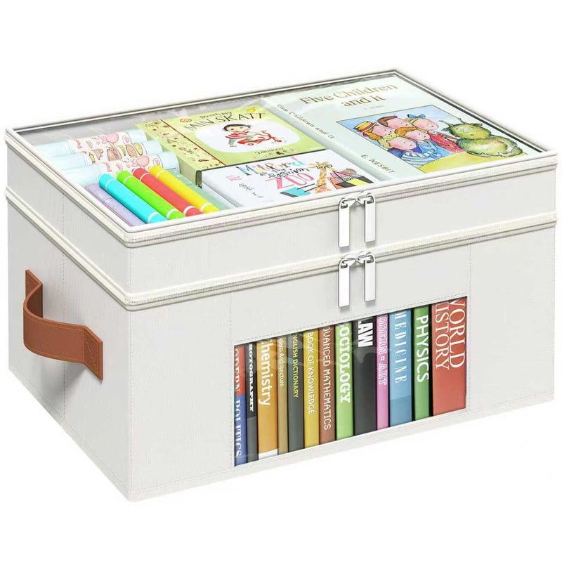 Foyego 18 QT Craft Organizers and Storage Box with Transparent Cover and Leather Handles, 2-Layer Art Supply Organizer for Crayon, Coloring Books, Modeling Clay, Molds and Sewing, Beige - Image 1