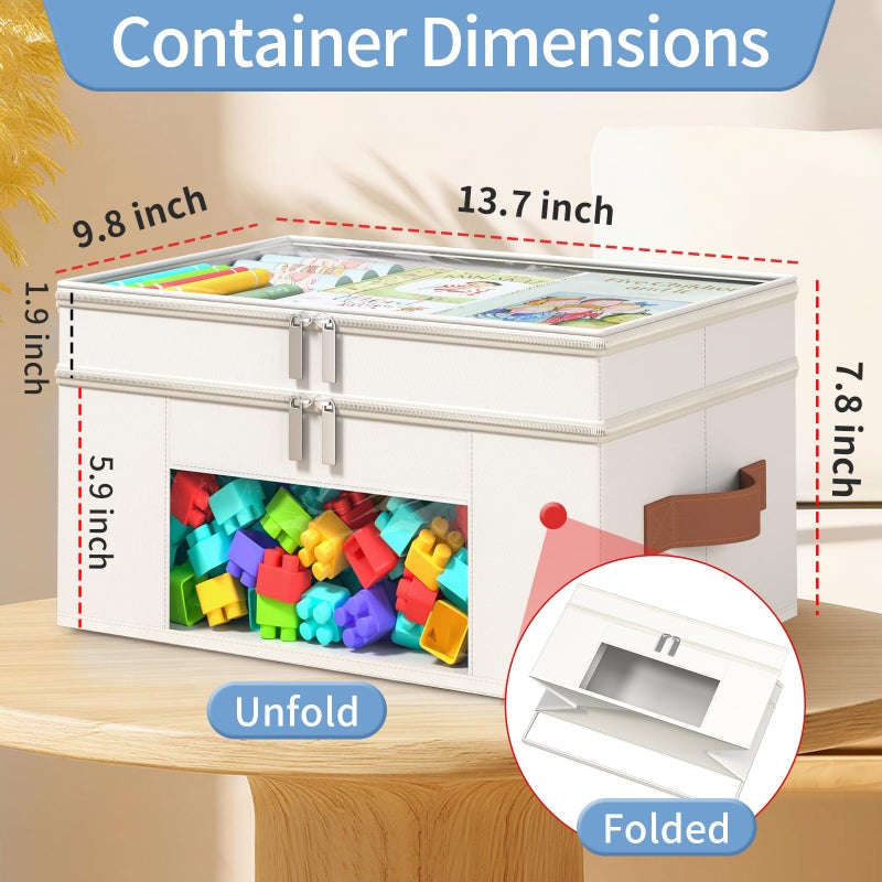 Foyego 18 QT Craft Organizers and Storage Box with Transparent Cover and Leather Handles, 2-Layer Art Supply Organizer for Crayon, Coloring Books, Modeling Clay, Molds and Sewing, Beige - Image 2