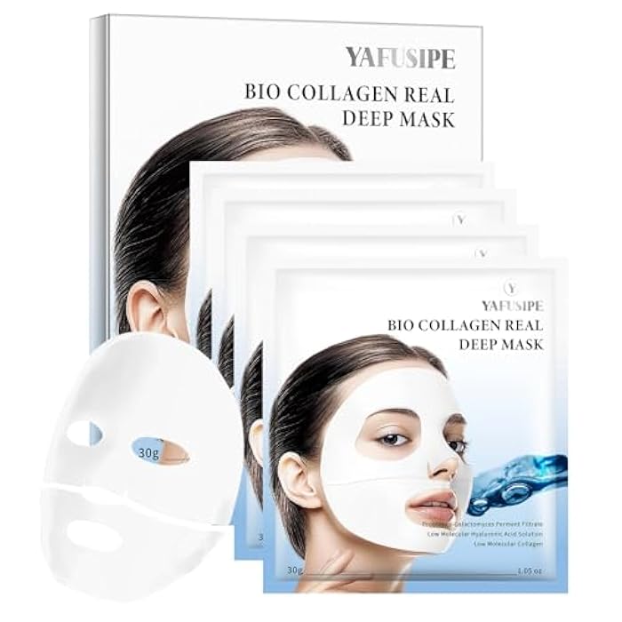 YAFUSIPE Collagen Face Mask Bio-Collagen Hydrating Hydrogel Face Mask for Skin Care Facial Sheet Masks for Wrinkle Lifting Beauty Overnight Sheets Pack Deep Hydration Glowing Glass Skincare 30g x 4ea
